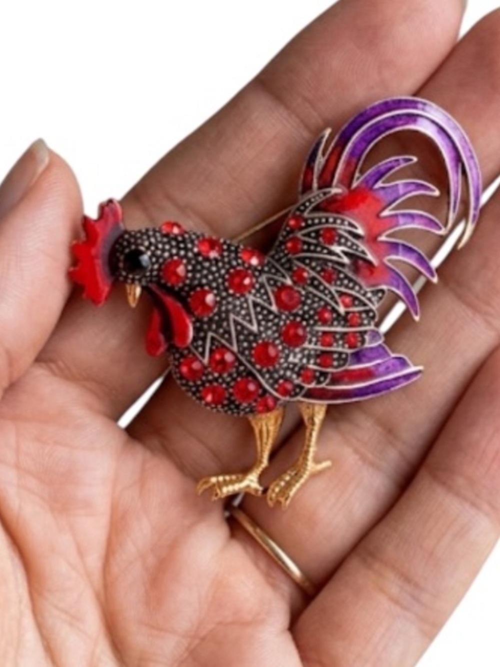 Rhinestone Rooster Brooch Colorful Enamel Crystal Chicken Lapel Pin